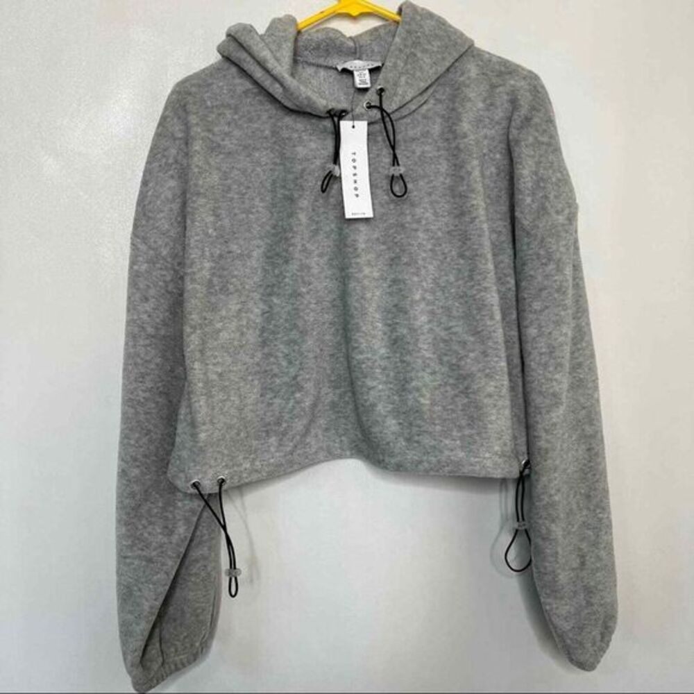 Topshop Womens Size 12 Gray Fleece Cropped Hoodie Drawstring Hem Cozy Loungewear